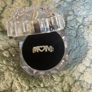 Silver 'MOM' Ring with White Topaz Heart